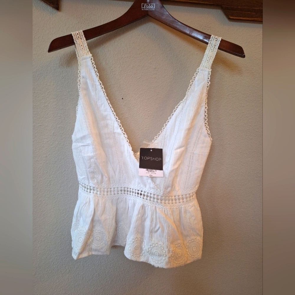 NWT Topshop Womens Boho White  Eyelet Lace Fit Flare V-Neckline Cami Size 8